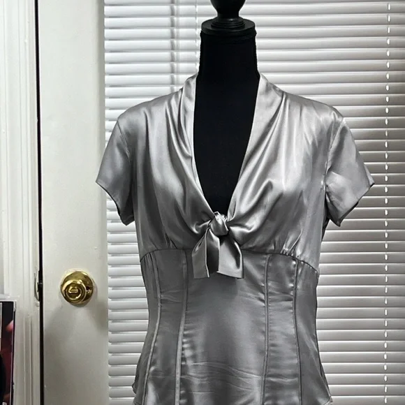 Silver Tie Front Fitted Blouse - Picture 12 of 15